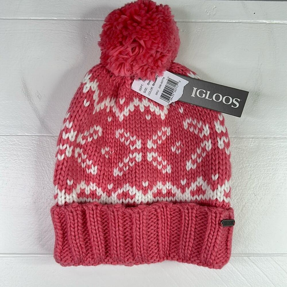 IGLOOS Pink Strawberry Acrylic Knitted Beanie Snow Hat With Pompoms One Size